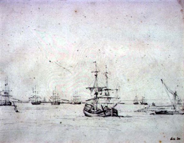 A brig at anchor and other shipping in the Thames