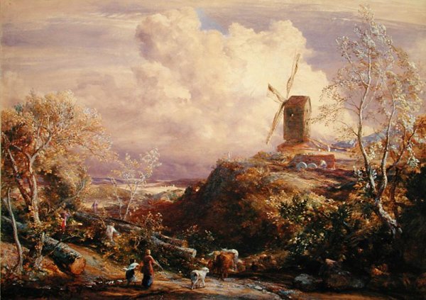 Windmill on a Hill with Cattle Drovers