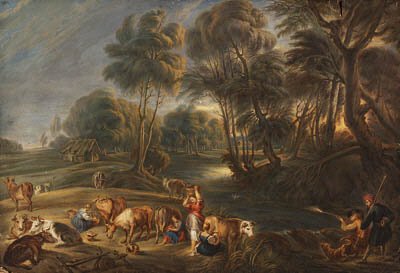 Landscape with milkmaids and huntsmen