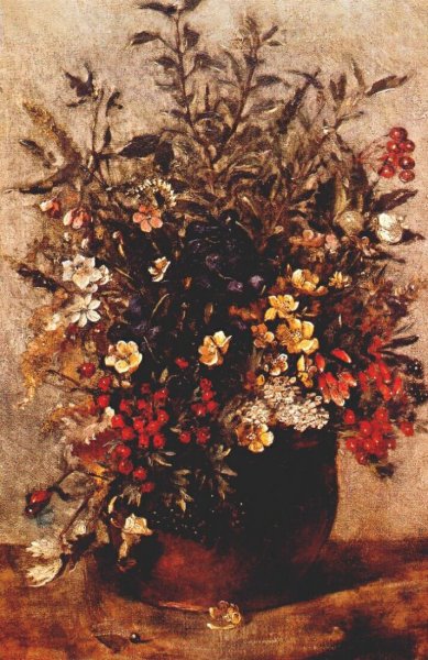 Autumn berries and flowers in brown pot